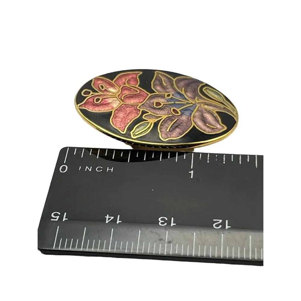Vtg Fish & Crown Purple & Pink Oval Floral Flower Cloisonne Gold Tone Brooch Pin